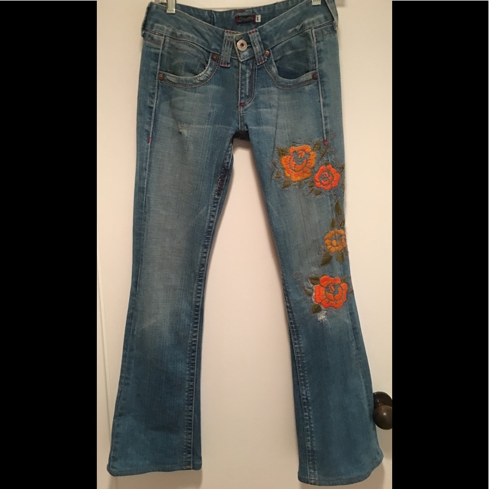 Embroidered Flare Jeans. Distressed Boho Slimming